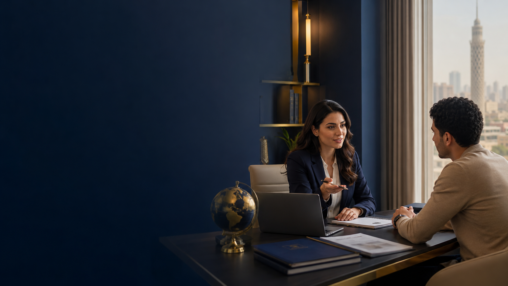 Client preparing travel documents before moving abroad